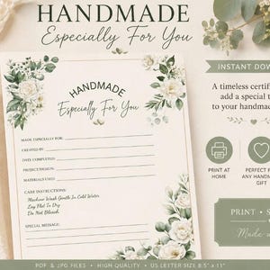 Puede incluir: Una plantilla de certificado imprimible con ilustraciones florales de rosas blancas y hojas de eucalipto verdes. El texto dice: HANDMADE Especially For You, MADE ESPECIALLY FOR, CREATED BY, DATE COMPLETED, PROJECT/DESIGN, MATERIALS USED, CARE INSTRUCTIONS y SPECIAL MESSAGE.