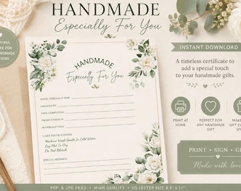 Handmade Zertifikat Printable | Blumen Andenken-Zertifikat für Häkeln, Stricken, Quilten & handgemachte Geschenke | PDF Sofortdownload