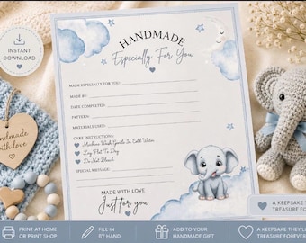 Baby Elefant Handmade Zertifikat Printable | Gehäkelte Decke Geschenk einfügen | Baby Erinnerungskarte PDF | Sofort Download