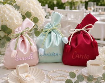 Personalized Satin Drawstring Gift Bag, Custom Name Embroidered Bridal Shower Pouch, Bridesmaid Proposal Bag