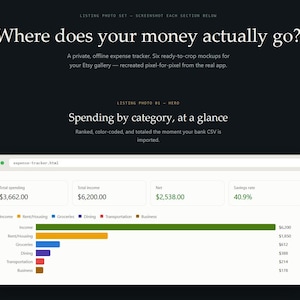May include: A digital expense tracker interface displaying financial data with the text expense-tracker.html. The dashboard features summary boxes for total spending, income, net, and savings rate, alongside a horizontal bar chart categorizing income, rent, housing, groceries, dining, transportation, and business expenses.