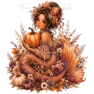 May include: A digital illustration of a mermaid with brown curly hair adorned with a large bow and flowers, holding an orange pumpkin. The mermaid has a shimmering copper-toned tail and is surrounded by autumn-colored flowers and pumpkins.