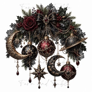 May include: A decorative arrangement featuring dark red roses, black lace, and evergreen foliage. Ornaments include gold crescent moons, star-shaped charms, and spherical baubles in deep red and black with intricate gold filigree and gemstone accents.