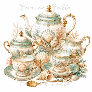 May include: A tea set featuring a teapot, sugar bowl, creamer, two teacups with saucers, and a spoon. The ceramic pieces are cream-coloured with teal accents, gold trim, and detailed illustrations of various seashells and coral. Text reads Fern and Fable.