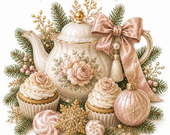 Christmas Gingerbread Tea Set PNG, Peppermint Teapot Clipart, Gingerbread Tea Party, Whimsical Christmas PNG, Holiday Tea Clipart
