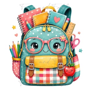 Peut inclure: Un sac à dos bleu sarcelle à pois avec un visage portant des lunettes roses, doté d'une poche avant jaune, d'un bas à carreaux et de sangles marron. Il contient des cahiers, des crayons de couleur, une règle et des ciseaux, avec une pomme rouge.
