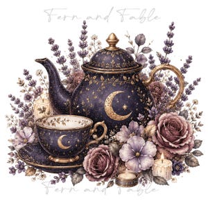 May include: A dark purple teapot and matching teacup on a saucer, decorated with gold crescent moons and stars. The set is surrounded by lavender sprigs, purple roses, and three lit candles. The text Fern and Fable appears in the image.