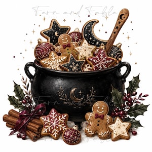 May include: A black cauldron filled with gingerbread cookies shaped like stars, moons, and people, alongside holiday ornaments. Cinnamon sticks tied with a dark ribbon and holly sprigs sit at the base. The text Fern and Fable is visible.