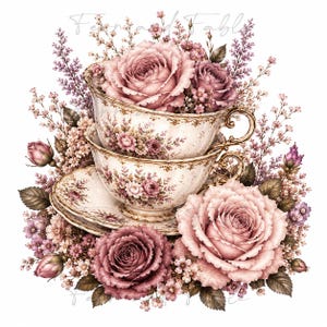 May include: Two stacked porcelain teacups with saucers featuring a delicate floral pattern in shades of pink and cream. The set is surrounded by large, blooming pink roses, small purple sprigs, and green leaves. The text Fern and Fable is visible.
