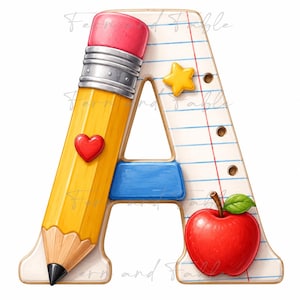 Puede incluir: Una letra A decorativa con forma de hoja de papel rayado con tres agujeros de carpeta. El lado izquierdo es un lápiz amarillo con goma rosa y un corazón rojo. Una pequeña estrella amarilla y una manzana roja brillante están adheridas.