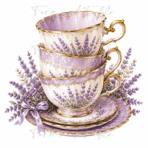 May include: A stack of three porcelain teacups and two saucers decorated with purple lavender sprigs and gold trim. The set features a scalloped edge, ornate gold handles, and a light purple ribbon tied around the base of the lavender stems.