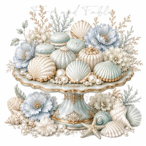 May include: A light blue and white cake stand decorated with seashells, pearls, macarons, and floral accents. The stand features ornate gold detailing on the base and rim. The text "Fern and Fable" is visible at the top of the image.