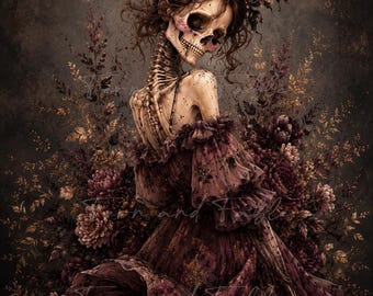 Op de afbeelding: Een skeletachtige figuur met een ingewikkeld opgestoken kapsel versierd met donkere bloemen, gekleed in een bordeauxrode jurk met ruches en blote schouders. De figuur is omringd door een dicht arrangement van donkerrode en bruine bloemen.