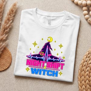 T-shirt d'infirmière pour Halloween - T-shirt de sorcière de nuit - Chapeau de sorcière fluo - Infirmière ECG - Cadeau d'Halloween pour infirmière effrayante