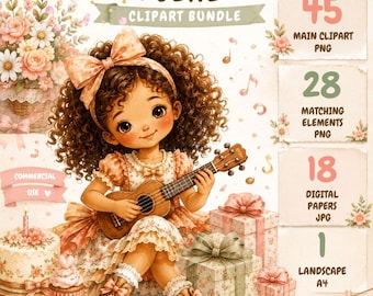 Birthday Girl Clipart Bundle, Watercolor Party PNGs and Pink Floral Digital Papers