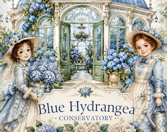 Blue Hydrangea Conservatory Clipart Bundle, 75 Victorian Greenhouse Watercolor PNGs