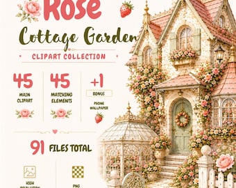 Strawberry Cottage Clipart Bundle, Watercolor Cottage Garden PNG, Rose Garden Elements