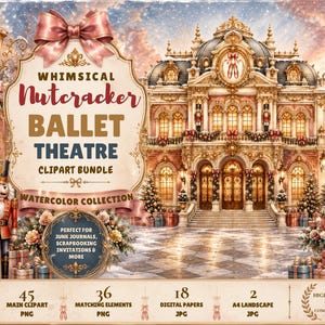 Puede incluir: Un paquete de imágenes prediseñadas digitales que muestra un gran edificio de teatro con decoraciones festivas, dos figuras de cascanueces y farolas ornamentadas. El texto dice Whimsical Nutcracker Ballet Theatre Clipart Bundle Watercolor Collection.