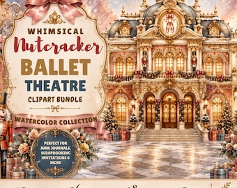 Pink Nutcracker Ballet Watercolor Clipart Bundle, 101 Christmas PNG & JPG Files