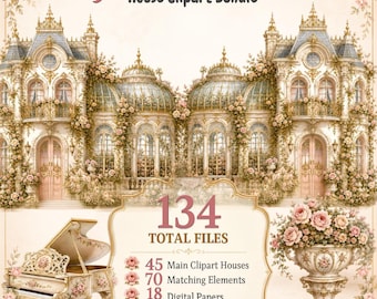 French Chateau Clipart Bundle: Watercolor Manor Houses, Vintage Furniture, Floral Papers, 134 Files