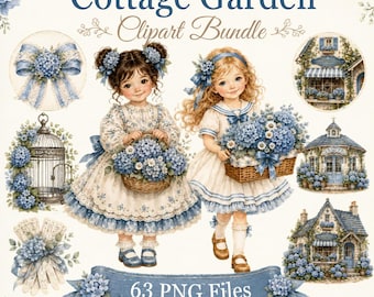 Blue Hydrangea Cottage Garden Clipart Bundle, 63 Girls & Floral Houses PNG