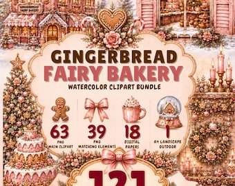 Pink Gingerbread Clipart Bundle: Christmas Fairy Bakery Watercolor PNGs and Digital Papers