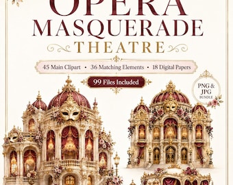 Opera Masquerade Watercolor Clipart Bundle, 99 PNG and JPG Files, Venetian Masks, Baroque Theatre