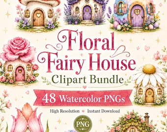 Floral Fairy House Clipart Bundle, 48 Peony Rose Flower Cottage PNG