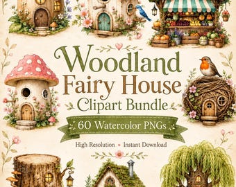 Woodland Fairy House Clipart Bundle, 60 Mushroom Acorn Tree Stump PNG
