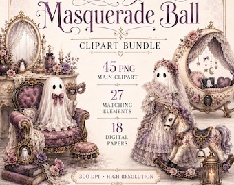 Ghost Masquerade Ball Halloween Clipart Bundle, 90 Files, Pastel Watercolor PNG, Digital Papers