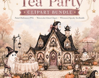Ghost Tea Party Clipart Bundle, 104 Files, Vintage Watercolor Halloween PNG, Digital Papers