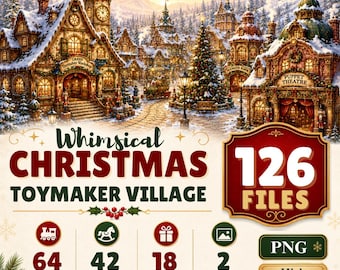 Christmas Village Clipart Bundle, 126 Watercolor Toy Shop PNG & JPG Files