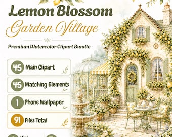 Lemon Cottage Clipart Bundle, Watercolor Lemon Garden PNG, Lemon Blossom Elements