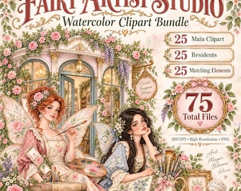Fairy Artist Studio Clipart Bundle, 75 Watercolor Painter Girls & Art Supplies PNGs