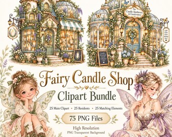 Fairy Candle Shop Clipart Bundle, 75 Watercolor PNGs, Cottagecore Graphics
