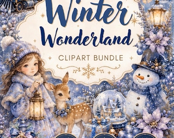 Blue Christmas Winter Wonderland Clipart Bundle, Watercolor PNG, Digital Papers