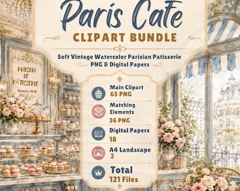 Vintage Paris Cafe Clipart Bundle: 121 French Bakery Watercolor PNGs and Digital Papers