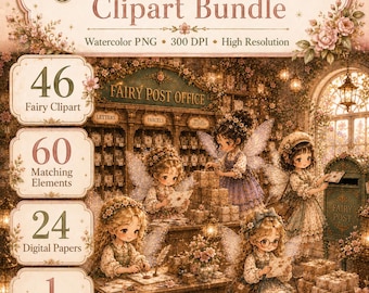 Fairy Post Office Clipart Bundle, Watercolor Fairy Mail PNG, Vintage Letters for Junk Journals
