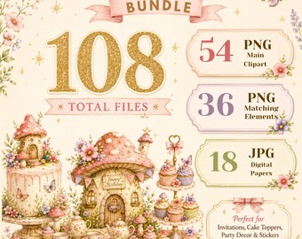 Fairy Garden Birthday Party Clipart Bundle, 90 Watercolor PNGs + 18 Digital Papers