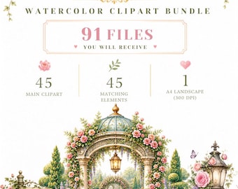 Secret Garden Clipart Bundle, Watercolor Greenhouse PNG, Floral Gates, Cottagecore Botanicals
