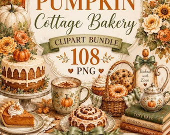 Autumn Pumpkin Cottage Bakery Clipart Bundle, 108 Watercolor PNG, Fall Digital Papers