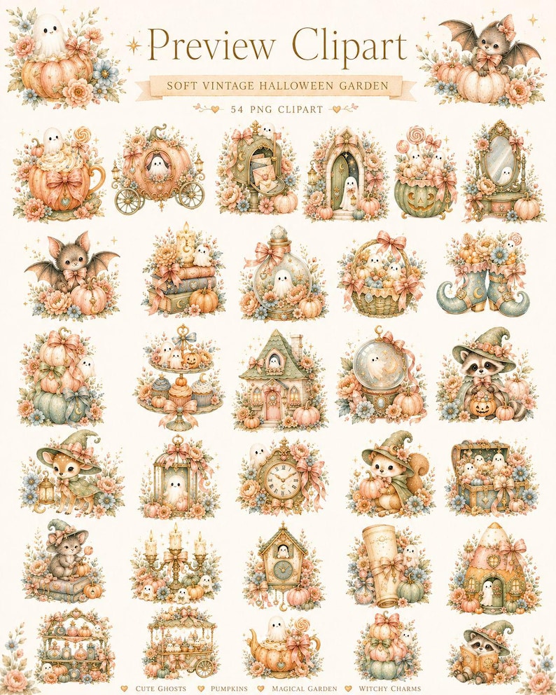 Pastel Halloween Clipart Bundle, Cute Ghost Pumpkin PNG, Soft Vintage Witchy Garden Digital Paper, 108 Files image 3