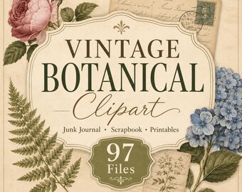 Vintage Botanical Ephemera Bundle, 97 Files, Junk Journal Kit, Floral PNG Clipart, Digital Papers