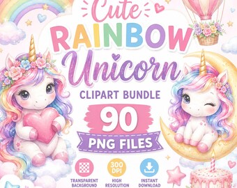 Watercolor Rainbow Unicorn Clipart Bundle, 90 Transparent PNGs, Birthday Party Graphics