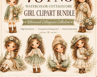 Watercolor Cottagecore Girl Clipart Bundle, 78 Vintage Doll Junk Journal PNG