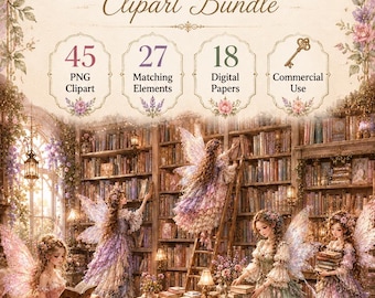 Fairy Bookshop Clipart Bundle, Watercolor Fairy Library PNG, Vintage Books, Cottagecore Digital Papers