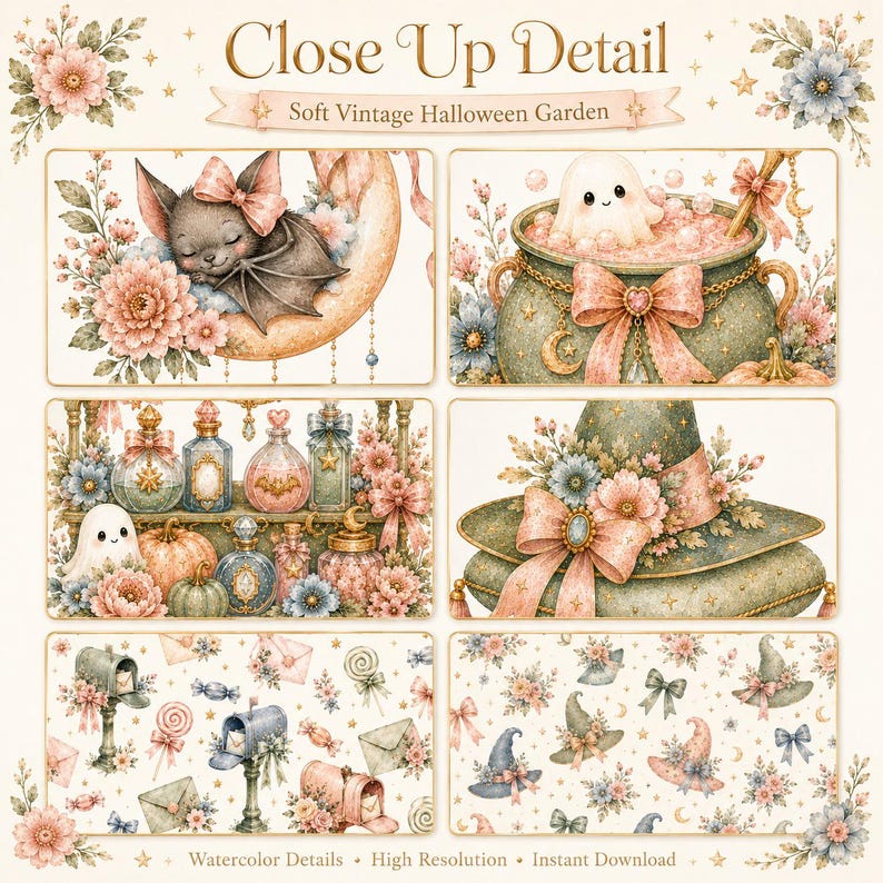 May include: A digital collection of six panels featuring watercolor illustrations of a bat on a moon, a ghost in a cauldron, potion bottles, a witch hat, mailboxes, and patterned hats, all decorated with pink flowers and bows, labeled Close Up Detail.