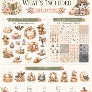Pastel Halloween Clipart Bundle, Cute Ghost Pumpkin PNG, Soft Vintage Witchy Garden Digital Paper, 108 Files image 2