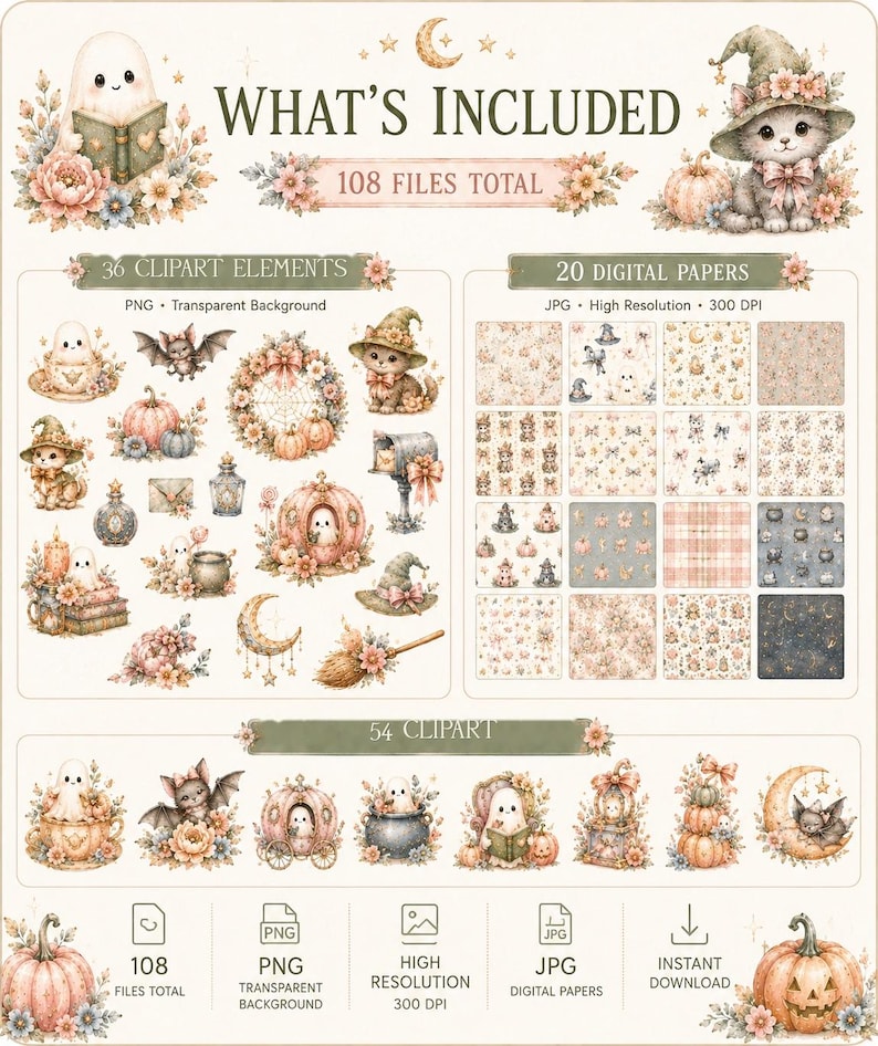 Pastel Halloween Clipart Bundle, Cute Ghost Pumpkin PNG, Soft Vintage Witchy Garden Digital Paper, 108 Files image 2