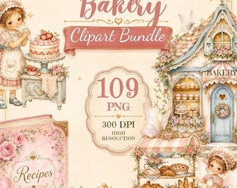 Fairy Bakery Clipart Bundle, Watercolor Bakery PNG, Baking Pastry Clipart, Cottagecore Digital Paper